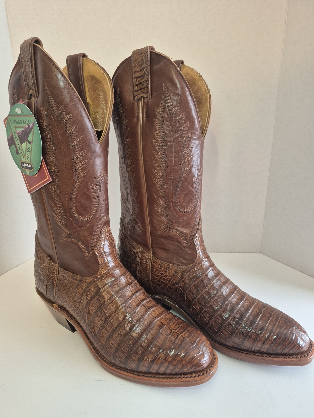 Boulet Canada Caiman Belly Brown Embroidered Men's Western Boots 7.5
